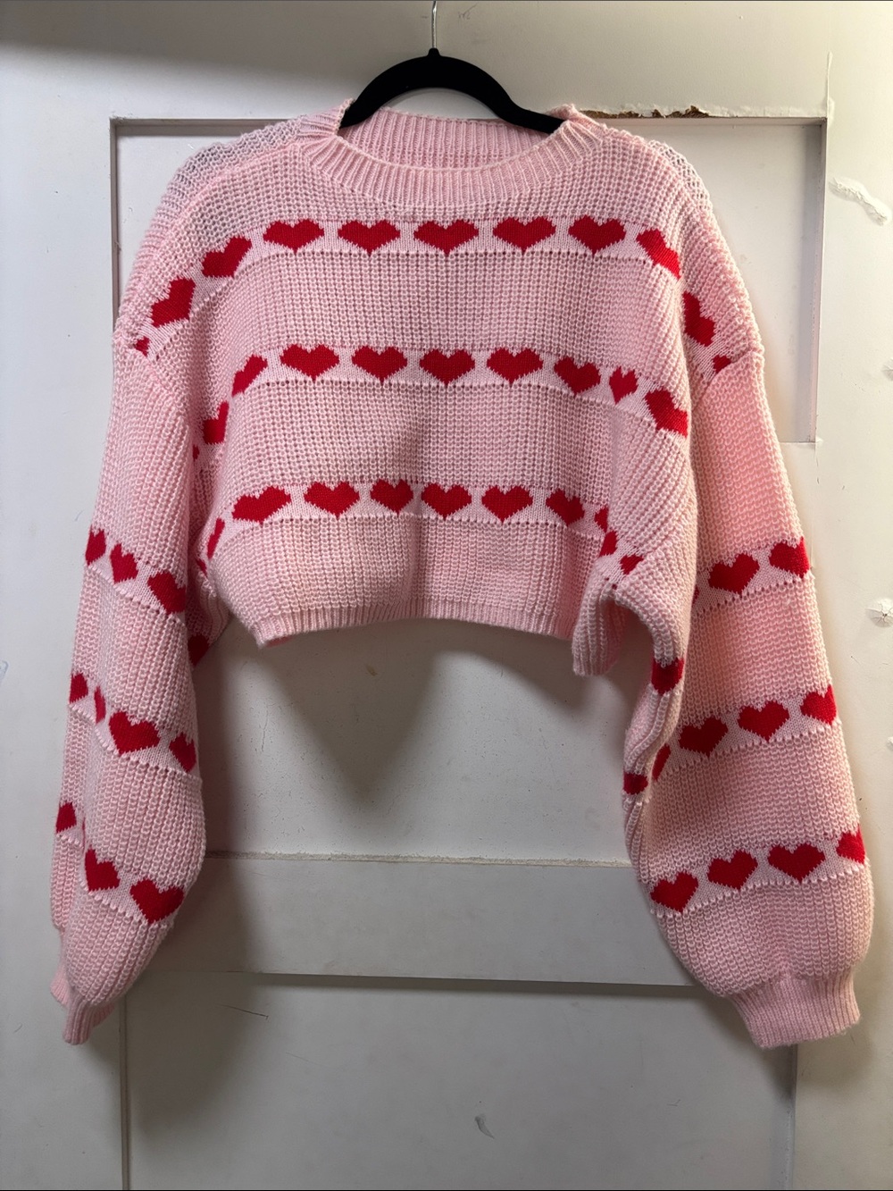 Amazon Pink & Red Heart-Stripe Cropped Crewneck Sweater